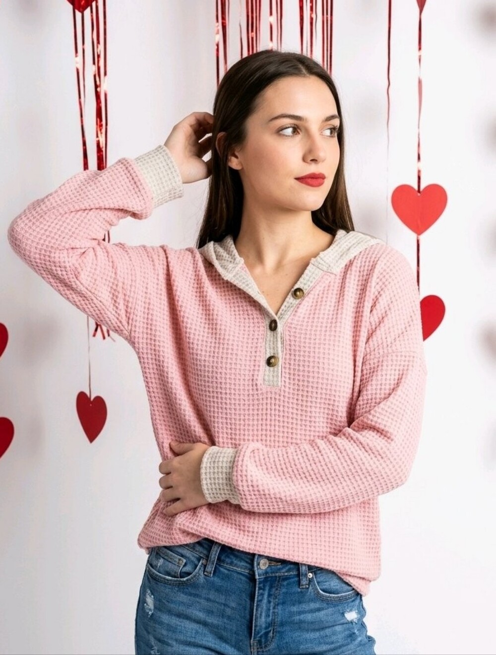Pink & Cream Waffle Knit Hoodie